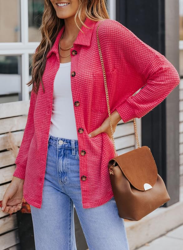 Hot Pink Oversized Button Up Pocket Shirt, Medium