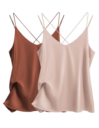 Ekouaer Women's Silk Satin V-Neck Cami Top 2-Pack