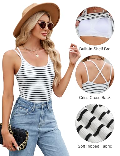 Women's Ribbed Tank Top with Shelf Bra - White