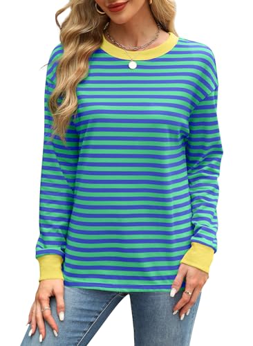 Trendy Green Striped Long Sleeve Top for Women