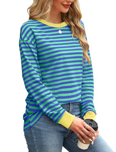 Trendy Green Striped Long Sleeve Top for Women
