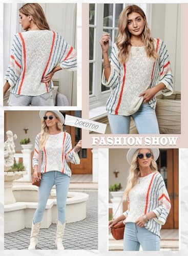 Dokotoo Women's Color Block Striped Crochet Sweater