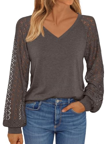 Automet Women's V-Neck Lace Long Sleeve Tops
