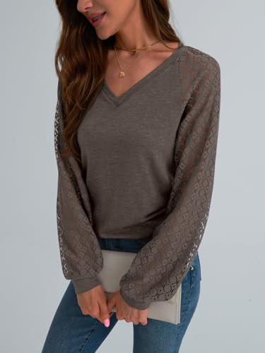 Automet Women's V-Neck Lace Long Sleeve Tops