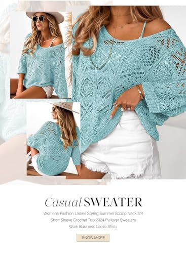 Dokotoo Women's Light Blue Crochet Top Sweater