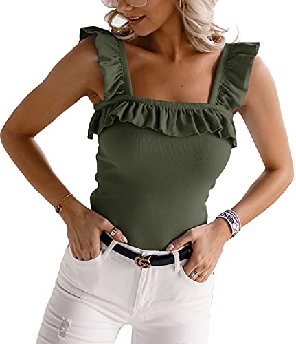 Army Green Ruffle Strap Sleeveless Tank Top