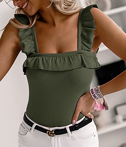 Army Green Ruffle Strap Sleeveless Tank Top