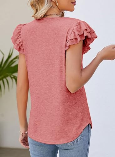 Dokotoo Women's V-Neck Ruffle Sleeve Blouse - Coral