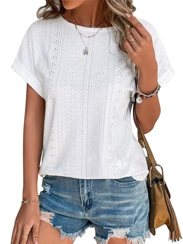 Trendy White Eyelet Embroidery Blouse for Women