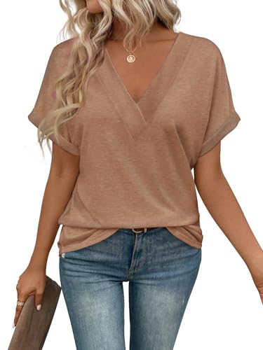 EyMuse Women's V-Neck Short Sleeve T-Shirt - Brown