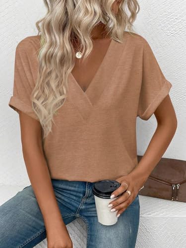 EyMuse Women's V-Neck Short Sleeve T-Shirt - Brown
