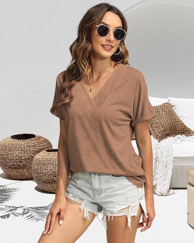 EyMuse Women's V-Neck Short Sleeve T-Shirt - Brown