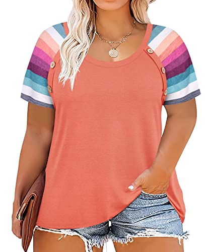 Plus Size Rainbow Sleeve Pink Casual T-Shirt