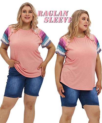 Plus Size Rainbow Sleeve Pink Casual T-Shirt