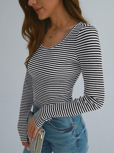 AUTOMET Women's Striped Long Sleeve Scoop Neck Top