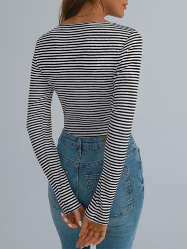 AUTOMET Women's Striped Long Sleeve Scoop Neck Top