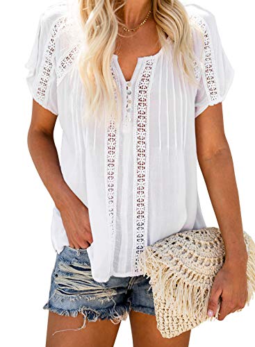 Dokotoo Women's Lace Crochet V Neck Blouse - White