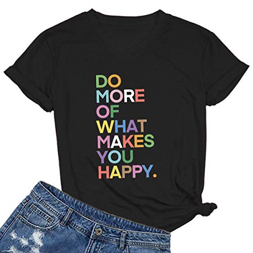 MIMOORN Women's V Neck Happy Graphic Tee Black