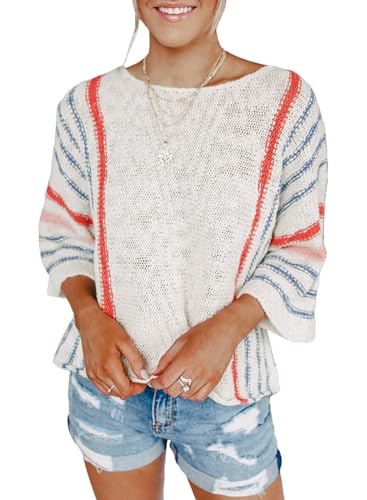 Dokotoo Women's Color Block Striped Crochet Sweater