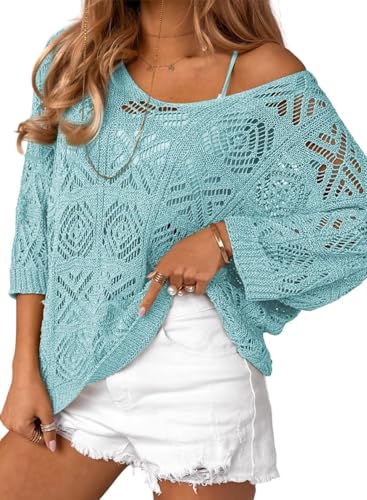 Dokotoo Women's Light Blue Crochet Top Sweater