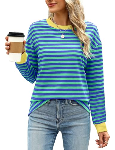 Trendy Green Striped Long Sleeve Top for Women