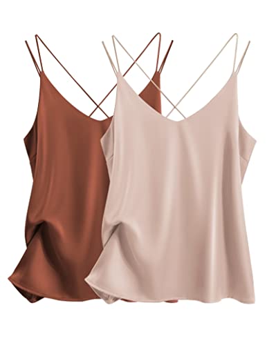 Ekouaer Women's Silk Satin V-Neck Cami Top 2-Pack
