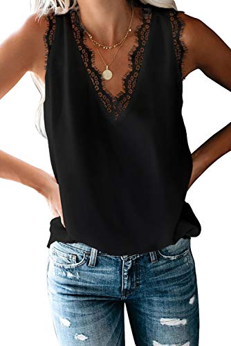 Lace Trim V-Neck Black Tank Top for Women