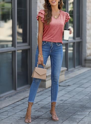Dokotoo Women's V-Neck Ruffle Sleeve Blouse - Coral