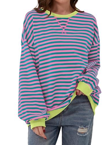 Pink Striped Color Block Oversized Sweatshirt for Women
