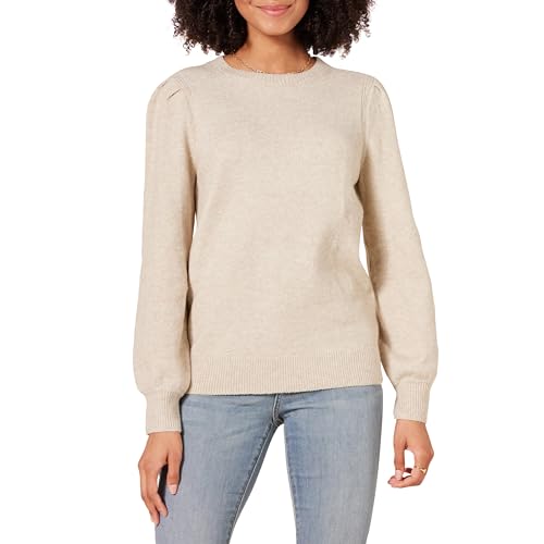 Women's Soft Touch Pleated Shoulder Crewneck Sweater - Beige