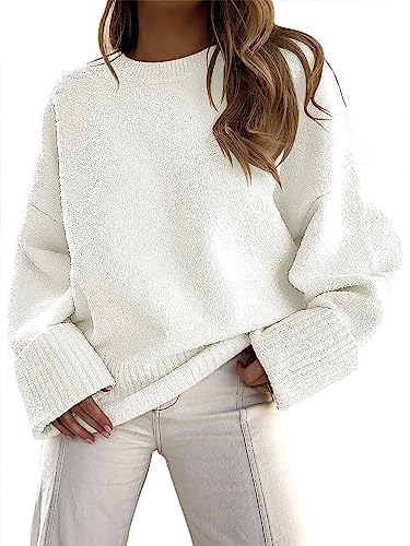 Oversized Crewneck Fuzzy Knit Casual Sweater - White