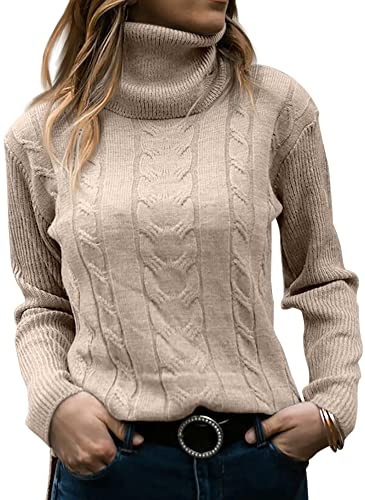 Beige Long Sleeve Cable Knit Turtleneck Sweater