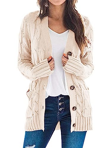 PRETTYGARDEN Beige Cable Knit Chunky Cardigan Sweater