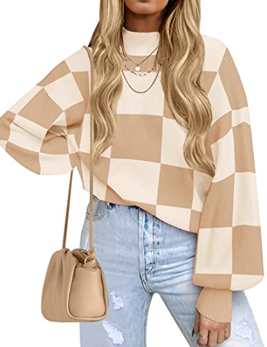 ZESICA Women's Striped Knit Turtleneck Sweater - Khaki