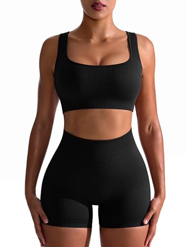 OQQ Women's Seamless Ribbed Leggings & Sports Bra Set