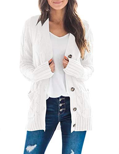 MEROKEETY Women's Fall Cable Knit Cardigan White