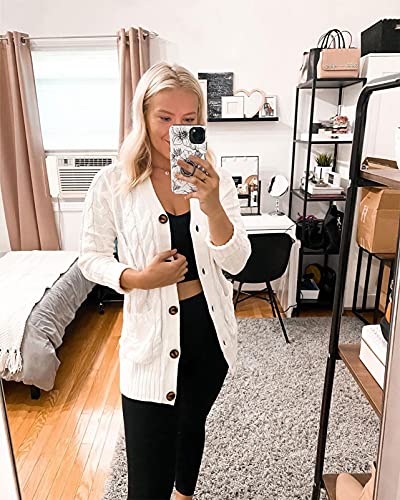 MEROKEETY Women's Fall Cable Knit Cardigan White