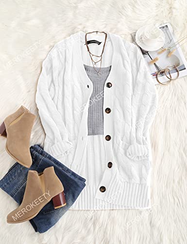 MEROKEETY Women's Fall Cable Knit Cardigan White