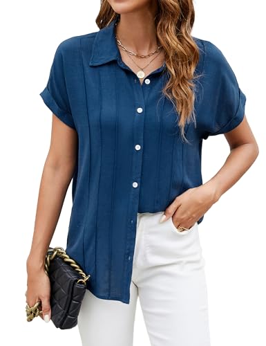 Blue Linen Button Down Short Sleeve Blouse