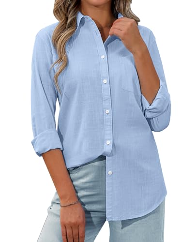 Women's Cotton Long Sleeve Button-Down Shirt - Blue