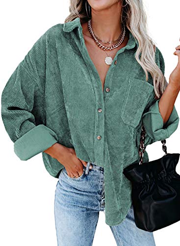 Dokotoo Women's V-Neck Pocket Corduroy Blouse M Green