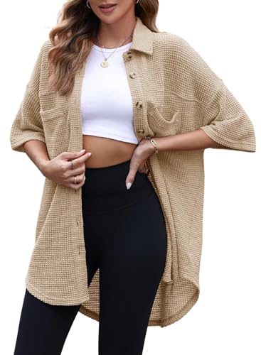 Waffle Knit Bell Sleeve Button-Up Shacket for Women