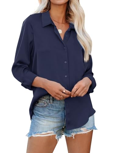 Navy Blue Long Sleeve Button Down Blouse