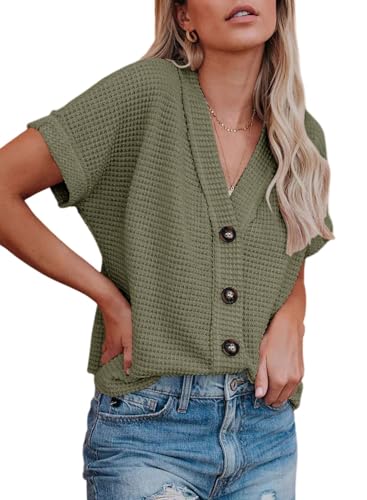 Dokotoo Women's Summer V-Neck Button-Down Shirt