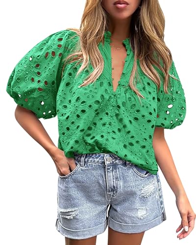 PRETTYGARDEN Women's V-Neck Lace Embroidered Blouse