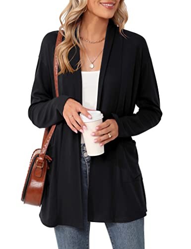 Women's Lightweight Black Open Front Cardigan with Pockets