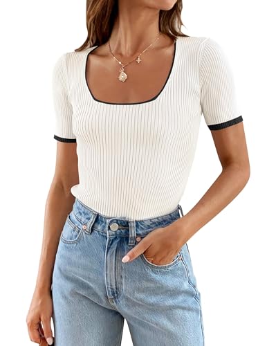 ZESICA Women's Color Block Square Neck T-Shirt