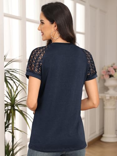 Navy Lace Short Sleeve Women's Fashion Tee Shirts