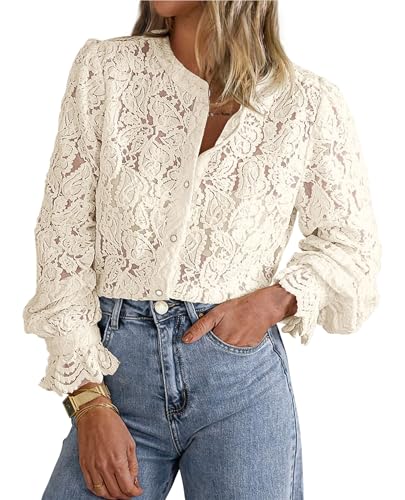 PRETTYGARDEN Women's Lace Long Sleeve Blouse - Beige