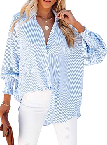 Blue Striped Smocked Long Sleeve Boyfriend Shirt